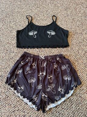 SHEIN Black Mushroom Print Crop Cami & Shorts Sleep Set